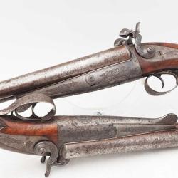 RARE PAIRE DE PISTOLETS DE V&Eacute;NERIE SYST&Egrave;ME LEFAUCHEUF CALIBRE BALLE RAY&Eacute; 16 &Agrave; BROCHE - FRANCE XIX&egrave; C