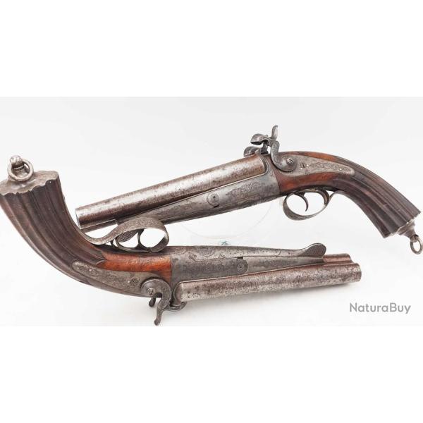RARE PAIRE DE PISTOLETS DE V�NERIE SYST�ME LEFAUCHEUF CALIBRE BALLE RAY� 16 � BROCHE - FRANCE XIX� C