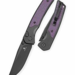 Couteau Bestechman Icebreaker Lame Acier D2 Manche Alu Noir & G10 Purple Button Lock BTKMK16C