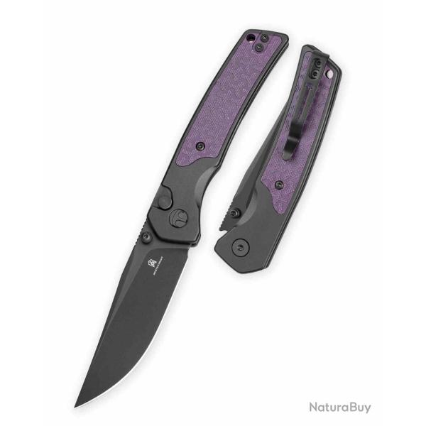Couteau Bestechman Icebreaker Lame Acier D2 Manche Alu Noir & G10 Purple Button Lock BTKMK16C