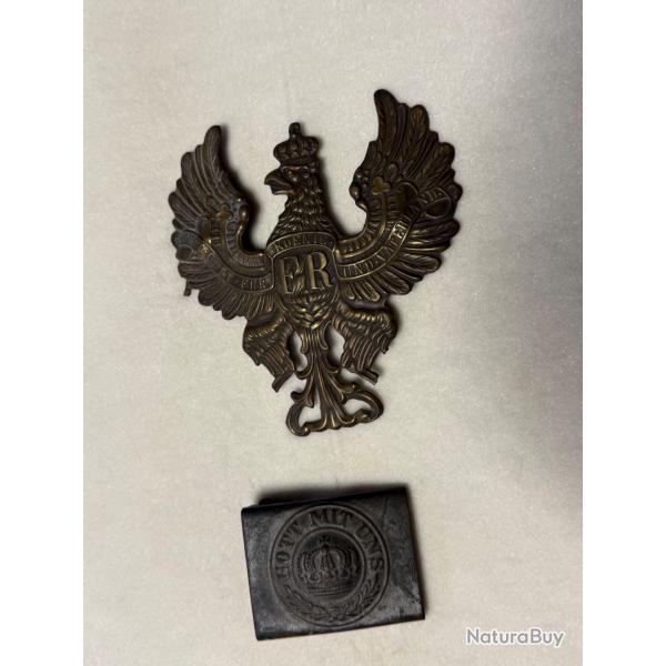 AIGLE DE CASQUE A POINTE  PRUSSIEN  ET SA BOUCLE DE CEINTURON  1914 / 1918