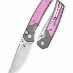 Couteau Bestechman Icebreaker Lame Acier D2 Manche Alu Gray & G10 Pink Button Lock BTKMK16B