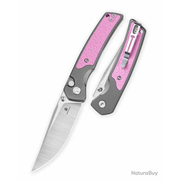 Couteau Bestechman Icebreaker Lame Acier D2 Manche Alu Gray & G10 Pink Button Lock BTKMK16B