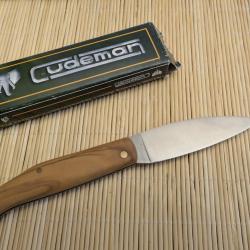 DESTOCKAGE.. couteau CUDEMAN &agrave; lame  "feuille de saule" tranchant rasoir...plaquettes en olivier