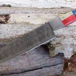 Couteau De Cuisine Style Japonais Lame Martel&eacute;e Acier Damas 256 Couches Manche Bois&Os Fab Artisanat