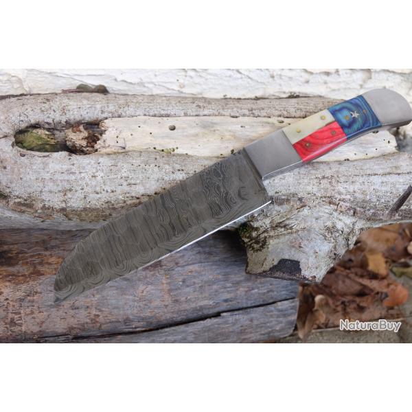 Couteau De Cuisine Style Japonais Lame Martel�e Acier Damas 256 Couches Manche Bois&Os Fab Artisanat