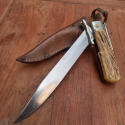 Solide Couteau de Chasse &agrave; la d estaing BEGON Inox Manche en Bois de Cerf avec &Eacute;tui en cuir