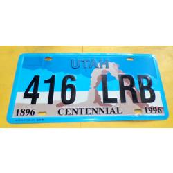 PLAQUE IMMATRICULATION VEHICULE U.S.A : UTAH 416 LRB , 1896 CENTENNIAL  1996   , ETAT VOIR PHOTOS .