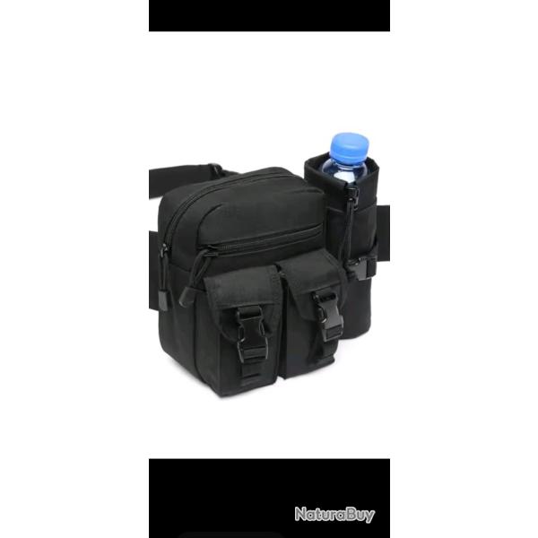 Sacoche banane militaire tactique NOIR avec porte bouteille sport,chasse, p�che, rando, airsoft...