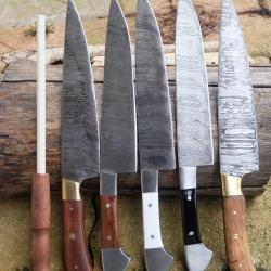 Lot de 5 Couteau De Cuisine Lame Acier Damas 256 Couches Manche Bois/Os/R&eacute;sine + Affuteur F Artisan