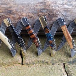 Lot de 6 Couteau Damas Lame 128 Couches Fa&ccedil;on Laguiole Manche Bois/Corne/Os Tire Bouchons Artisanat