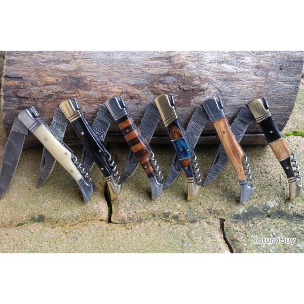Lot de 6 Couteau Damas Lame 128 Couches Fa�on Laguiole Manche Bois/Corne/Os Tire Bouchons Artisanat