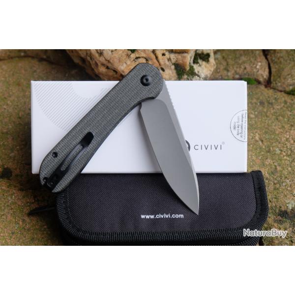 Couteau Civivi Elementum Button Lock Dark Green Lame Acier 14C28N Manche Micarta IKBS Clip C2103C