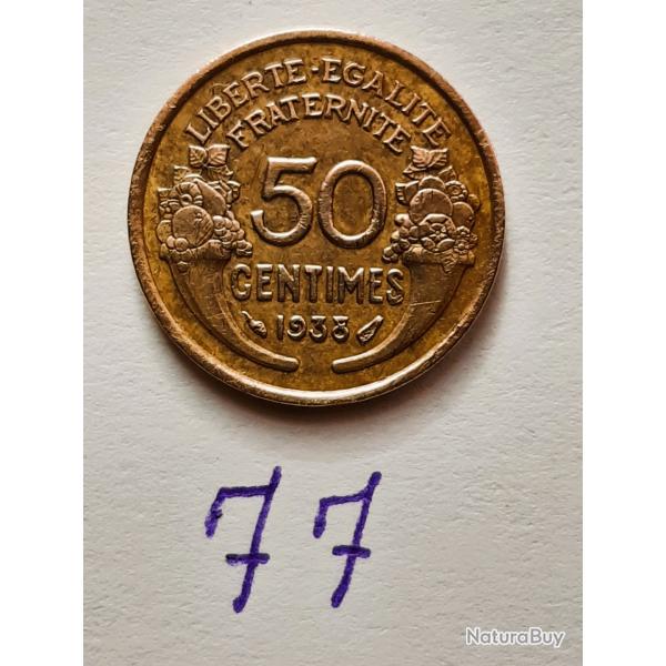1 pi�ce 50 centimes, MORLON, 1938, �15mm, avec raisin et sans fruit, et 9 ferm�, Cupro-Aluminium.