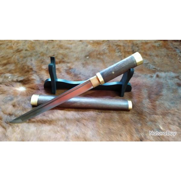 V�RITABLE TANTO BOIS DE RONCE ET LAITON SABRE FORG� A LA MAIN EN ACIER 1095