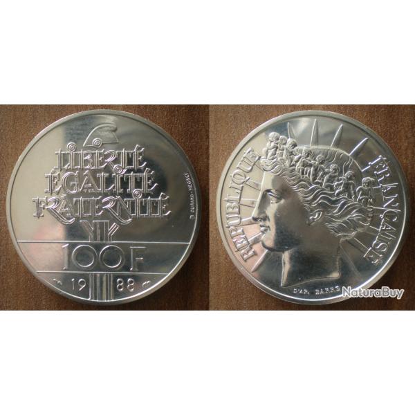 France 100 Francs 1988 NEUVE Fraternit� Piece Franc Argent Frcs Frc Frs