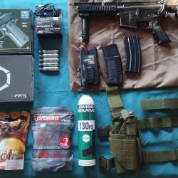 Lot Airsoft colt1911 co2 + cybergun co2 + M4 batterie canon modifi&eacute;+ accessoires