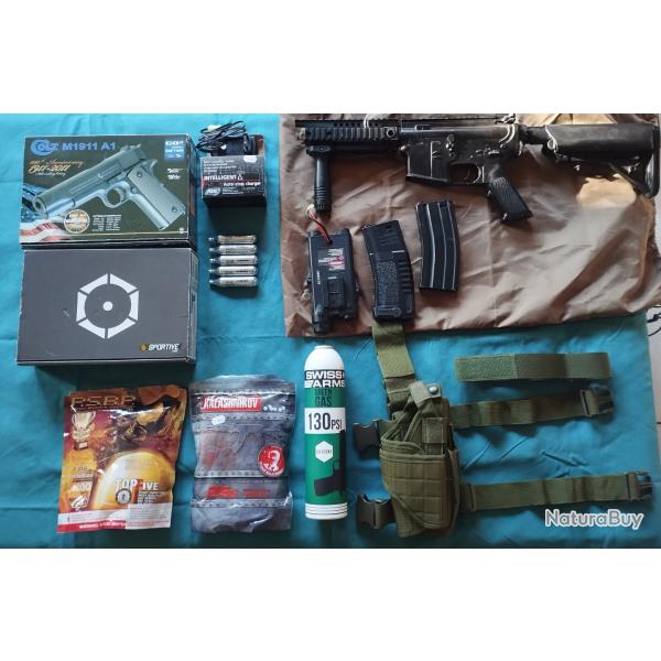 Lot Airsoft colt1911 co2 + cybergun co2 + M4 batterie canon modifi�+ accessoires