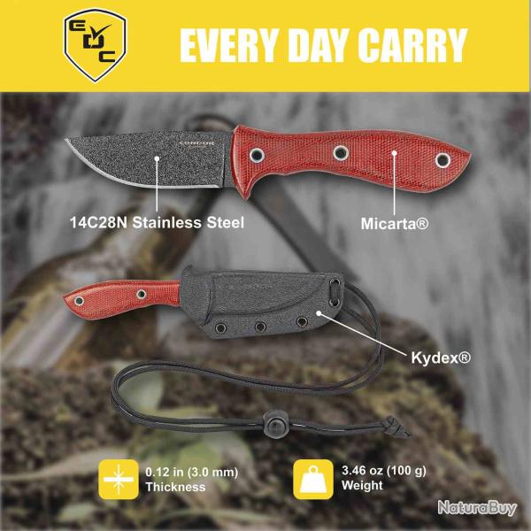 Couteau Condor Red Pygmy Lame Acier 14C28N Manche Micarta Rouge Etui Kydex Salvador CTK180125RHC