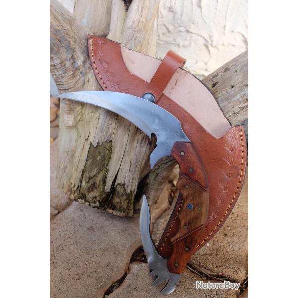 Couteau Tactical Griffe Lame Acier Carbone 1055 Manche Bois Etui Cuir Fabrication Artisanale