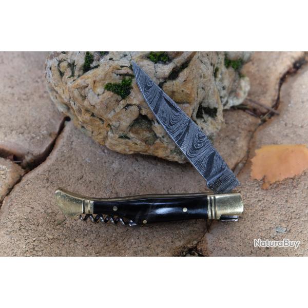 Couteau Damas Lame 128 Couches Fa�on Laguiole Abeille Manche Corne/Veine Tire Bouchons F Artisanale