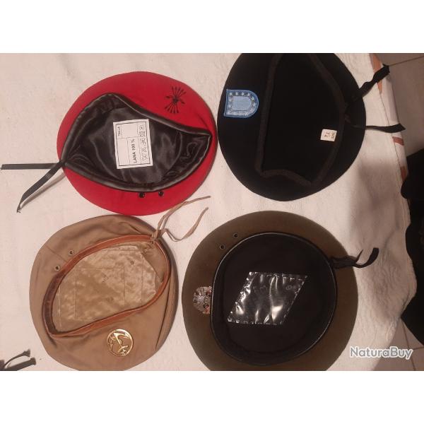 4 b�rets militaires fran�ais, espagne, europ�ens avec insignes