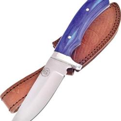 Poignard Skinner Lame Acier Inox Manche PAKKAWOOD bleu  Etui Cuir