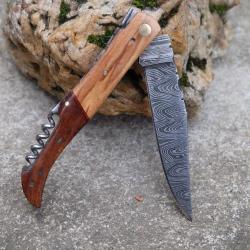 Couteau Damas Lame 128 Couches Fa&ccedil;on Laguiole Abeille Manche 2 Bois Tire Bouchons Fabr Artisanale00