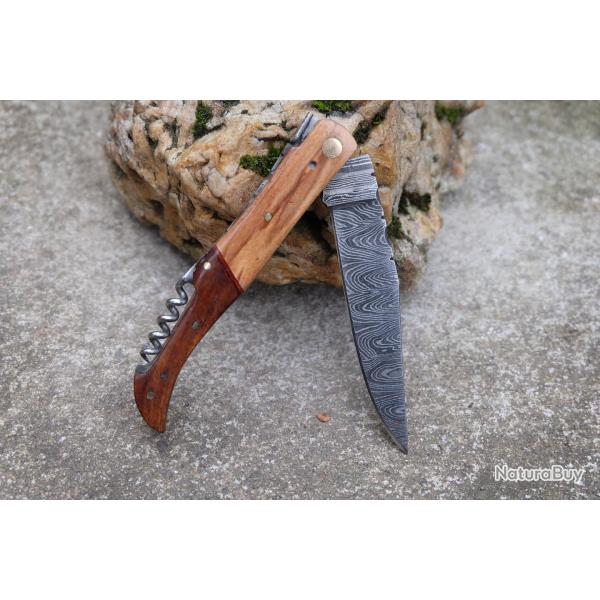 Couteau Damas Lame 128 Couches Fa�on Laguiole Abeille Manche 2 Bois Tire Bouchons Fabr Artisanale00