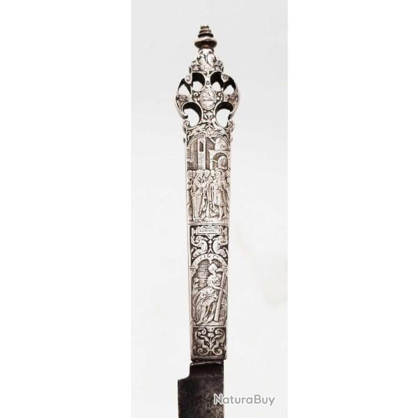 COUTEAU DE MARIAGE LAME ACIER ET MANCHE ARGENT ALL�GORIES DES VERTUS TH�ODORE DE BRY DAT� 1620 - HOL