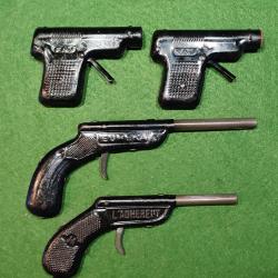 Ensemble de 4 pistolets en t&ocirc;le &agrave; amorce et &agrave; flechette L'adh&eacute;rent,FAJ et Eureka