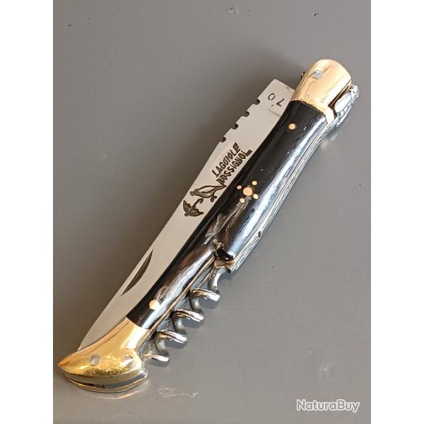 ANCIEN COUTEAU LAGUIOLE 3 pieces, ROSSIGNOL PARAPLUIE � L'�PREUVE, THIERS, XX�me, corne, guilloch�.