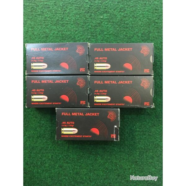 Lot de 250 munitions GECO Calibre .45 Auto / .45 ACP en FMJ 230grs / 14,9g