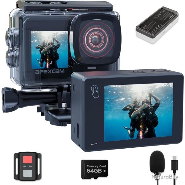 Cam�ra Sport HD 4k 60fps �tanche 40M Cam Action WiFi Double �cran 2 Batteries 1350mhA Micro SD 64GB