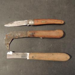 Lot couteau ancien, greffoir, serpette