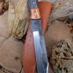 XXL BIG Couteau Buscharft Survie Bowie Lame Acier Carbone 1075 Etui Cuir Manche 3Bois Fabr Artisanat