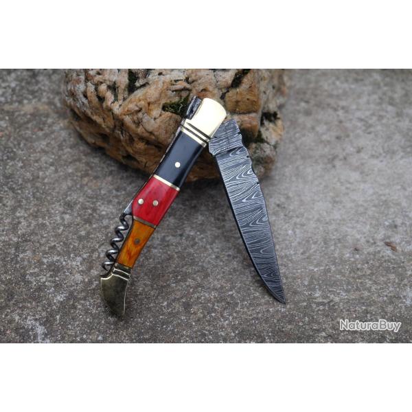 Couteau Damas Lame 128 Couches Fa�on Laguiole Abeille Manche Bois/Corne Tire Bouchons Fab Artisan01