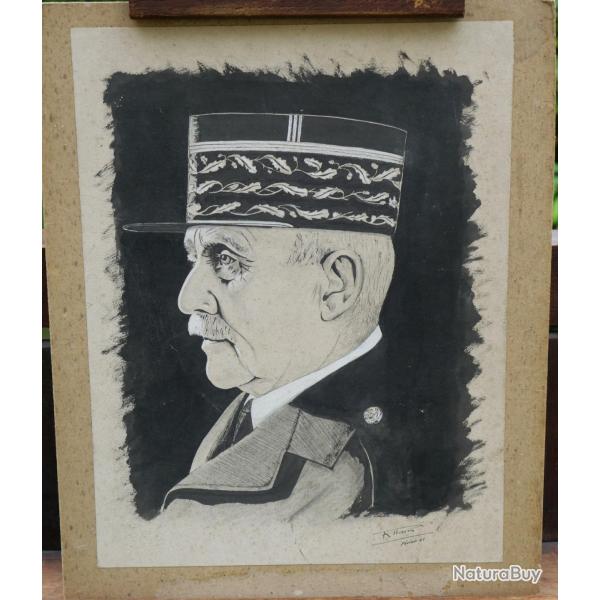 rare dessin � l'encre sign� et original d'�poque portrait de P�tain 1941 sign� A.HAM ref SDC25PET002