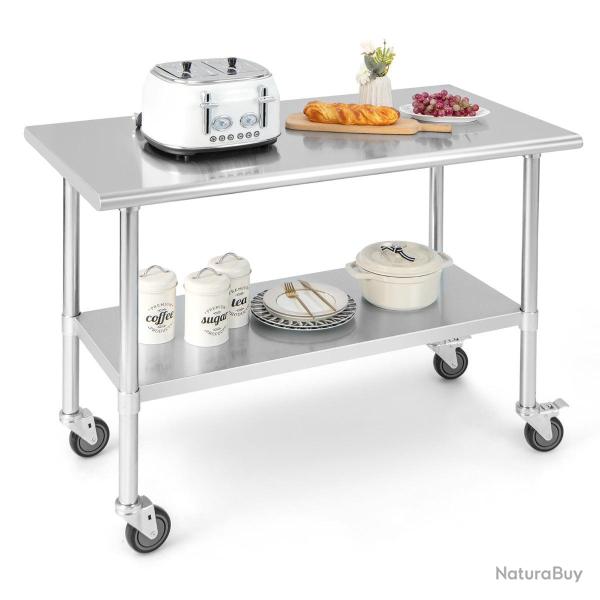 Table de travail en acier inoxydable 122 x 61 x 90 cm � roulettes r�glable et robuste pour cuisine