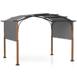 Pergola r&eacute;tractable 300 x 360 cm en m&eacute;tal avec toit ajustable et poteaux aspect bois style contempo