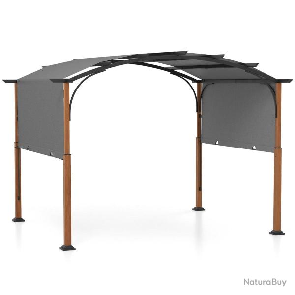 Pergola r�tractable 300 x 360 cm en m�tal avec toit ajustable et poteaux aspect bois style contempo