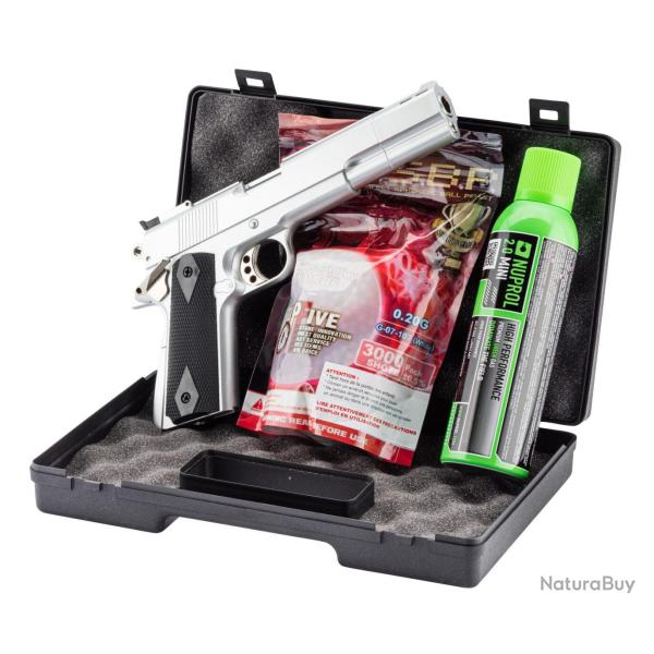 Pack GNB Gaz 1911 Long silver 0,5J  + mallette  + billes +  gaz