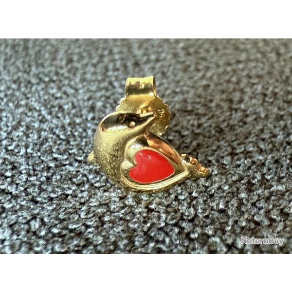 Boucles d'oreilles en or massif 18 carats - clous - coeur et dauphin