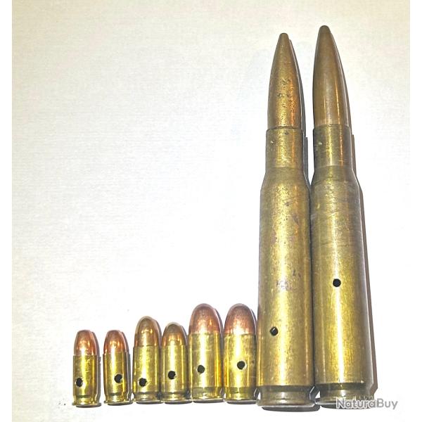Lot de 8 munitions neutralis�es 2x 11.43, 2x 9mm para, 2x 7.65 et 2 x 12.7  perc�es vid�es percut�es