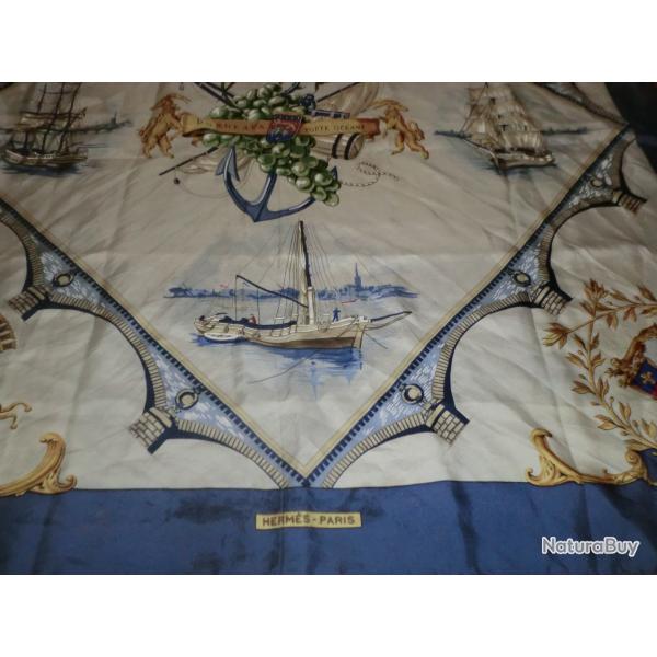 carr� foulard vintage herm�s soie  bordeaux porte oc�ane 90 X 87