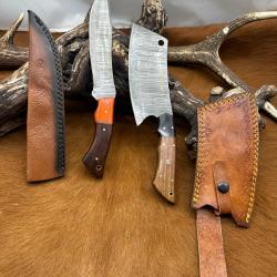 Set m&eacute;di&eacute;val: Couperet + Couteau lames en acier Damas 256 couches NCPR1