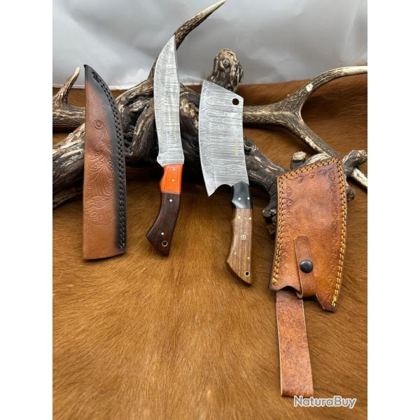 Set m�di�val: Couperet + Couteau lames en acier Damas 256 couches NCPR1