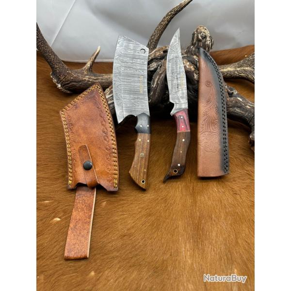 Set m�di�val: Couperet + Couteau lames en acier Damas 256 couches NCPR2