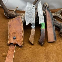 Set m&eacute;di&eacute;val: Couperet + Couteau lames en acier Damas 256 couches NCPR3