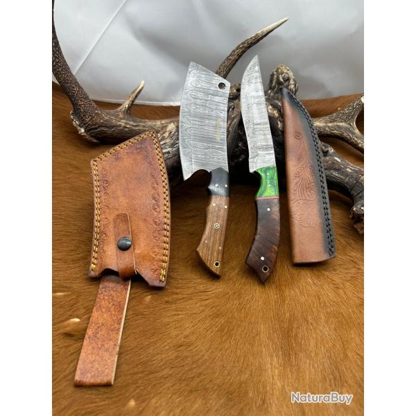 Set m�di�val: Couperet + Couteau lames en acier Damas 256 couches NCPR3